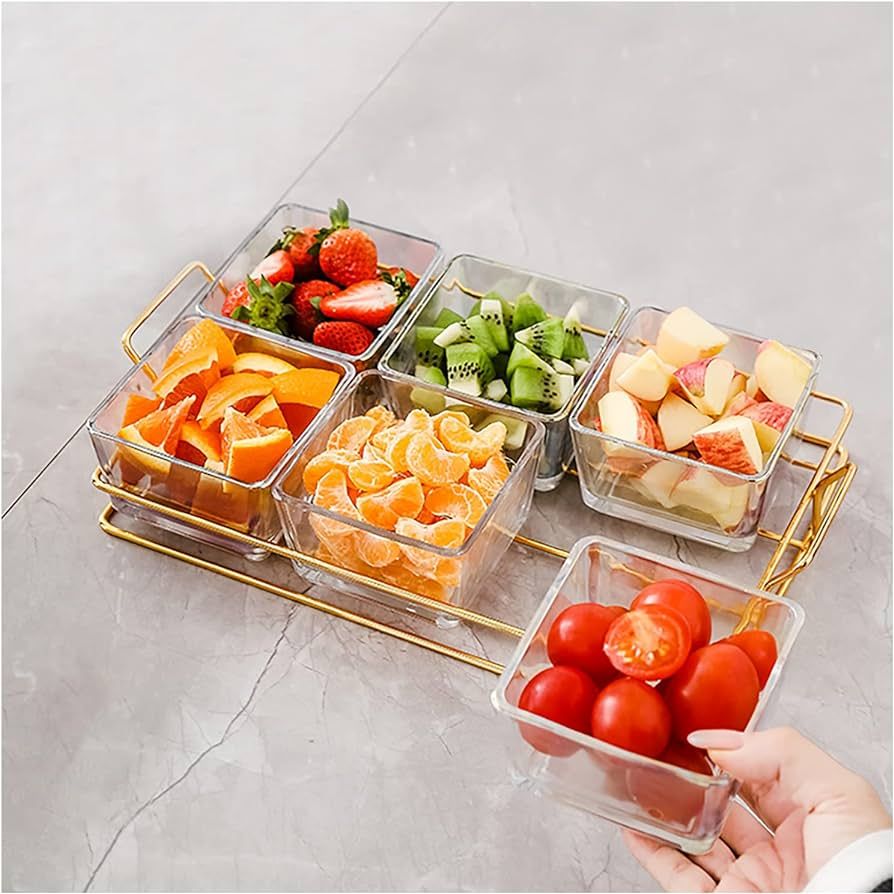 XKXKKE 6 Clear Glass Bowls Set with Gold Metal Rack, Condiment Dishes Serving Bowls Buffet Server... | Amazon (US)