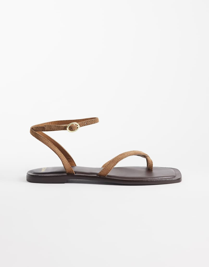 Mango 100% suede leather strappy flat sandal in brown | ASOS (Global)