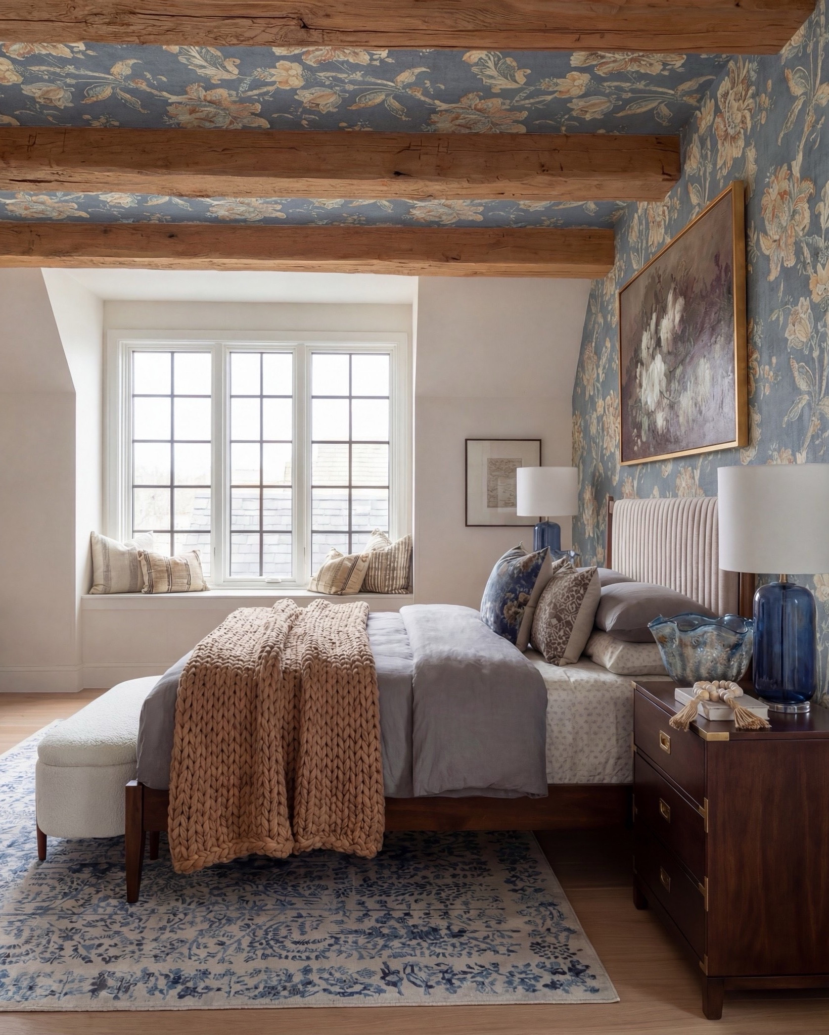 Shop the Look: Bedroom Refresh
• Warm-wood platform bed frame
• Vertical-channel upholstered headboard
• Gray duvet cover + layered sheet set
• Mixed blue + neutral accent pillows
• Oversized chunky knit throw blanket
• Shearling-style upholstered storage bench at the foot of the bed
• Pair of dark-wood campaign-style nightstands with brass hardware
• White drum-shade table lamps with blue glass bases
• Blue decorative bowls
• Bead garland décor
• Stack of books (nightstand styling)
• Framed oversized floral artwork above the bed
• Blue floral wallpaper (full wall + ceiling)
• Exposed wood ceiling beams
• Blue patterned area rug
• Window bench with plaid/tan accent pillows



#LTKSpringSale #LTKSaleAlert

#LTKsale #LTKhome