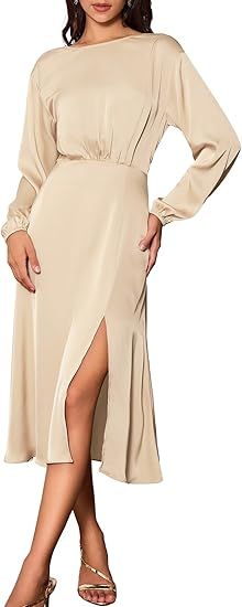 GRACE KARIN Women's Long Sleeve Satin Wedding Guest Dress with Slit Elegant Boat Neck High Waist ... | Amazon (US)