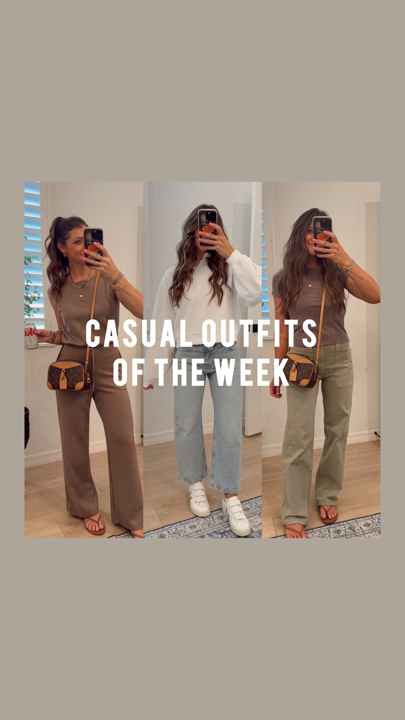 My casual outfits from the week I loved :) comment DETAILS & I’ll DM you links to them all! Sizing info for each outfit 👇🏻:
*for reference, I’m 5’3.5”, size 2 or S is my true to size (TTS). 
Amazon jumpsuit: TTS small. One of my forever faves from Amazon!
Second look: track pants are sold out from AE (sorry! Hopefully you snagged em when I first shared!).. if you don’t have them but want to recreate the look, I’ll link similar! / small Amazon tee / small old navy denim jacket. 
Third look: TTS Diet Coke tee / size down in AE jeans!!! wearing 25/0 SHORT. 
Striped pullover look: size down in both!! Size 24 jeans. Size XS pullover. 
Green utility pants: size 0 reg. Size down! / small tee. 
Today’s look: XS both tops. Sooo comfy and cute for spring transition! Size 24 jeans — go down! 

Lmk if you have any qs. 🫶🏻 
#momootd #momoutfits #momoutfit #disneyoutfit #disneyoutfits #disneymom
#disneymoms #springbreak #freepeoplestyle #targetstyle #amazonfinds #amazonfashion #casualoutfitsdaily 
