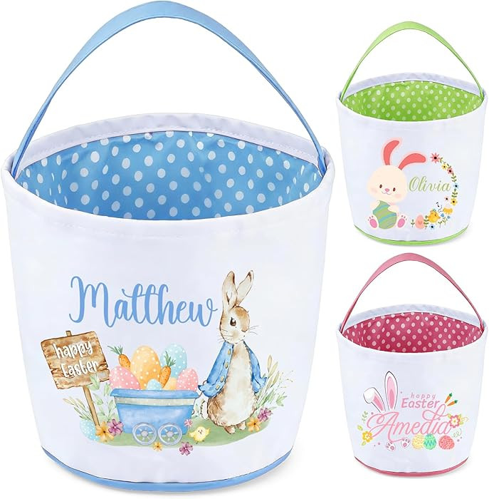 Personalized Easter Bunny Basket, Custom Name Egg Easter Buckets, Canvas Cotton Cute Bag for East... | Amazon (US)