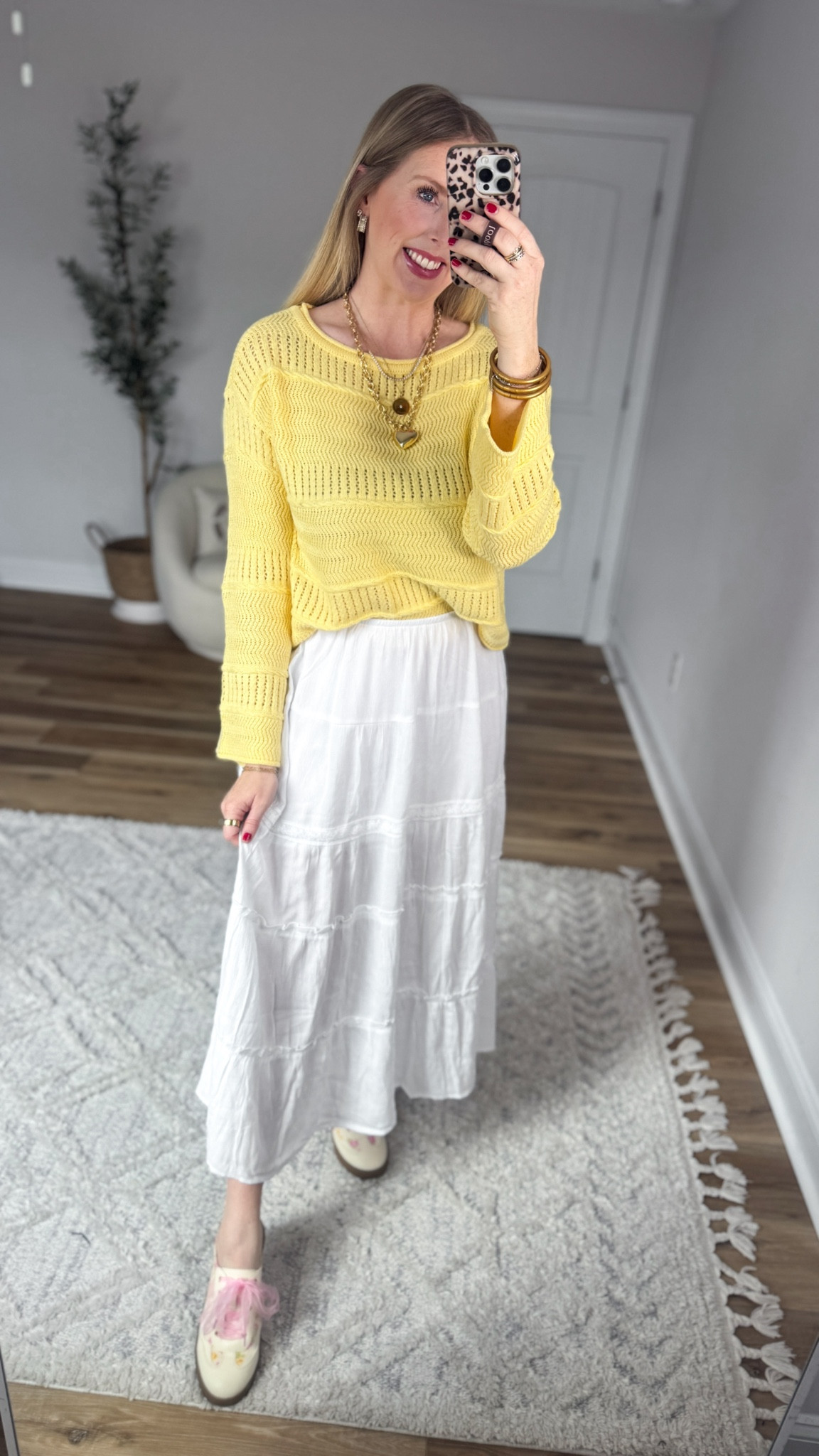 Daily try on, Walmart outfit, Walmart fashion, Walmart try on, yellow sweater, white midi skirt 

#LTKootd #LTKgrwm