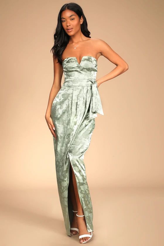 Easy Elegance Sage Floral Jacquard Satin Strapless Maxi Dress | Lulus (US)
