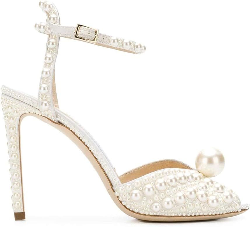 Goolita Womens Peep Toe Stiletto Heeled Sandals Shiny Pearl Buckle Ankle Strap Wedding Pumps Dres... | Amazon (US)