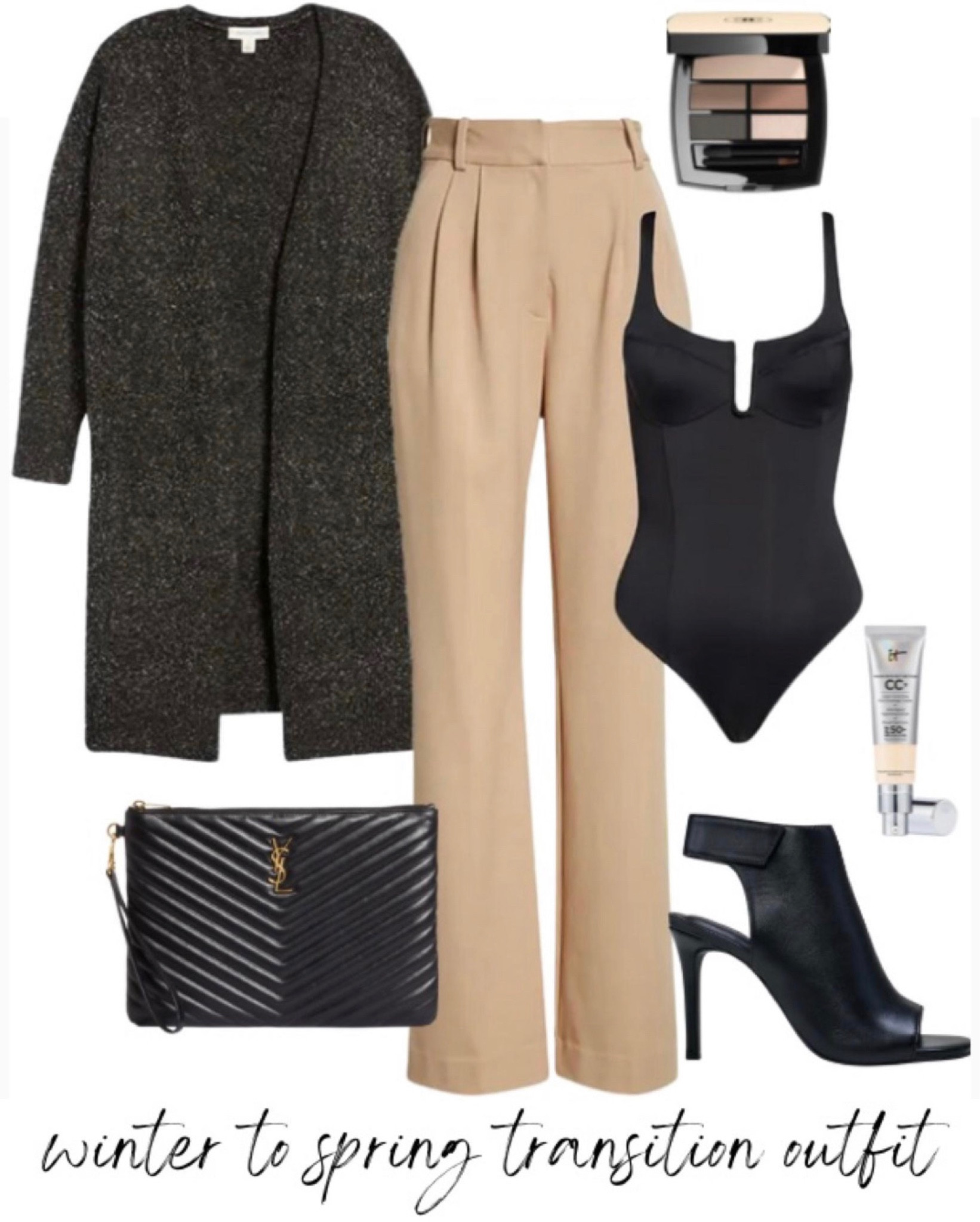 Cardigan sweater 
Sweater 
bodysuit 
Pleated pants 
YSL bag
YSL clutch 
Eyeshadow 
#LTKbeauty #LTKunder100 #LTKFind