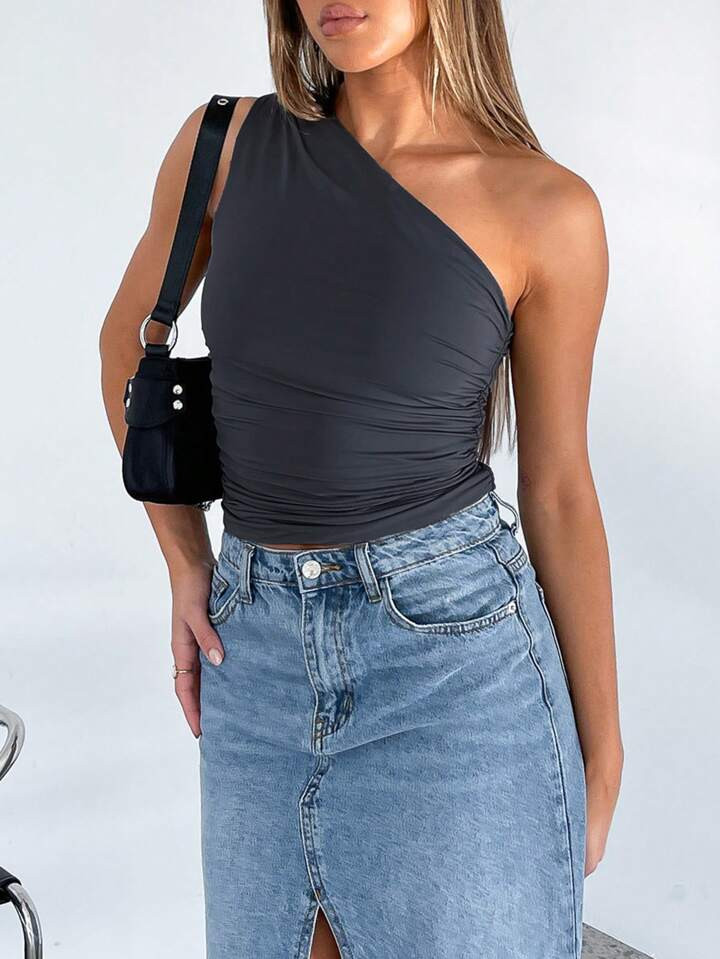 Women Summer Solid Color One-Shoulder Sleeveless Pleated Slim Fit Top | SHEIN USA | SHEIN