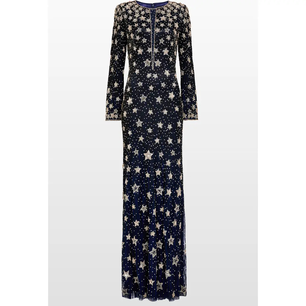 Jenny Packham Madrigal star-embellished long-sleeve maxi dress in Blackthorne Blue at Nordstrom, Size 10 Uk | Nordstrom