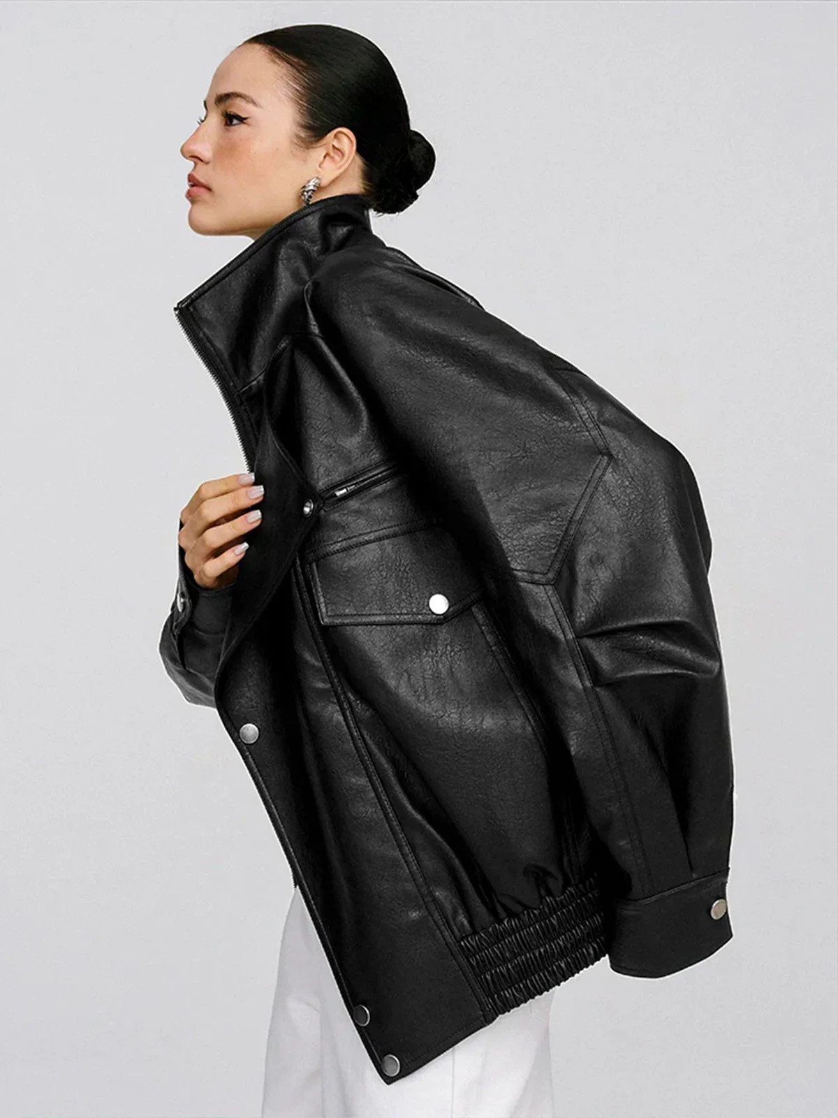 Collared Oversized PU Leather Jacket | Commense