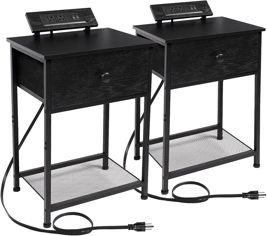 AMHANCIBLE Night Stand Set 2, Small Black Nightstand with Charging Station, End Side Tables Livin... | Amazon (US)