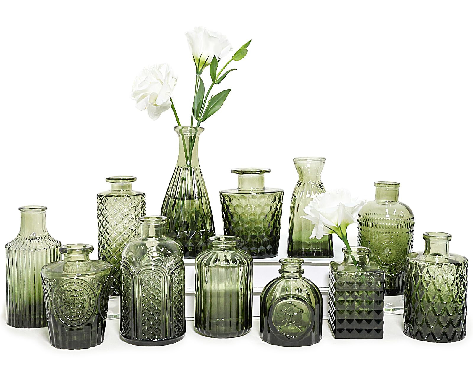 12pcs Glass Bud Vase Set, Small Green Flower Vases for Centerpieces in Bulk, Mini Vintage Vase fo... | Amazon (US)