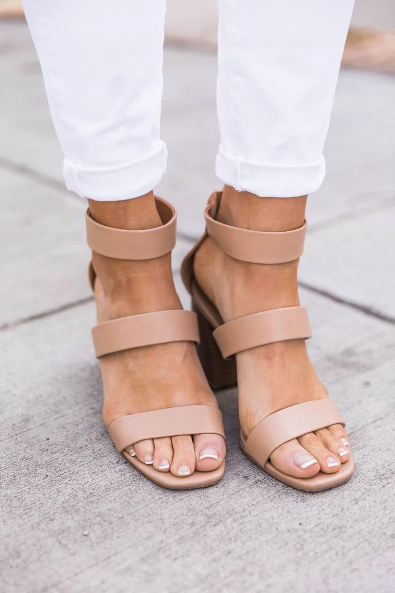 Brynn Tan Triple Strap Wood Heels | The Pink Lily Boutique