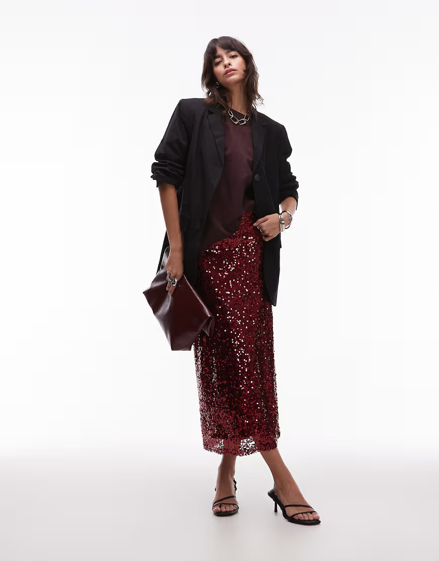 ASOS DESIGN sequin midi skirt in cherry-Red | ASOS (Global)