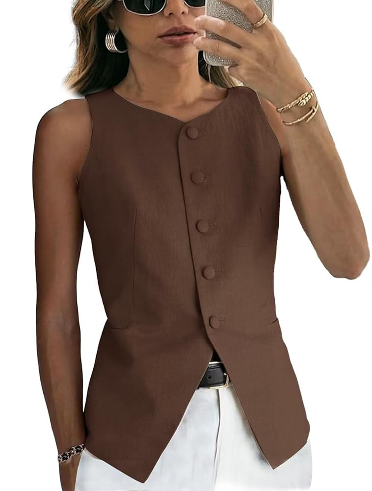 Women's Linen Waistcoat Slim Fit 5 Button V-Neck Dressy Suit Vest | Amazon (US)