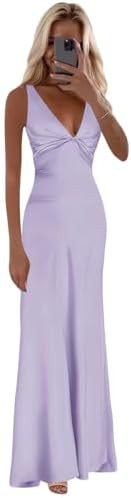 Cudiew Satin Bridesmaid Dress Corset V Neck Prom Dresses for Teens Back Self Tie Formal Evening P... | Amazon (US)