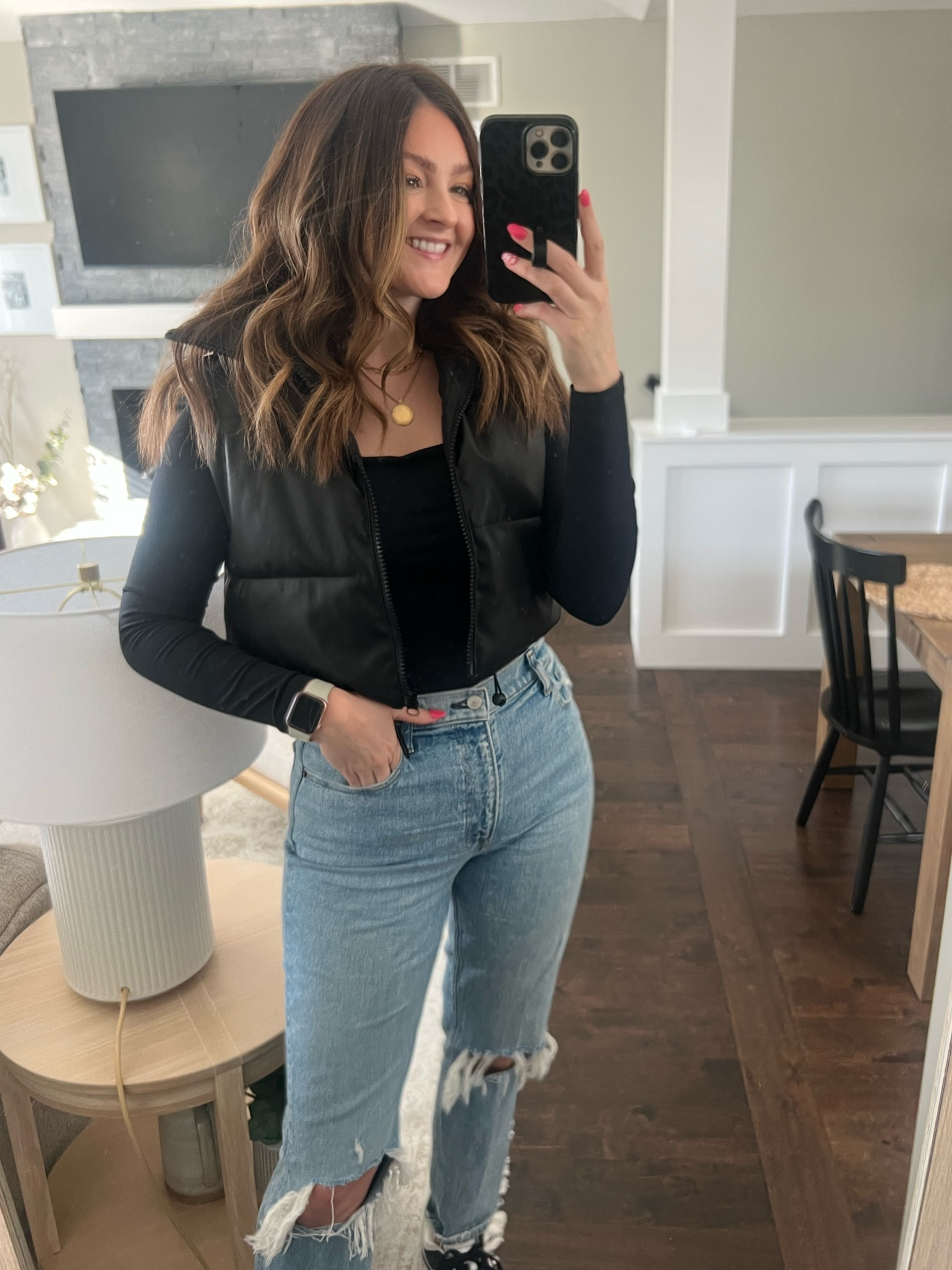 Puffer: small
Bodysuit: medium
Jeans: 27r