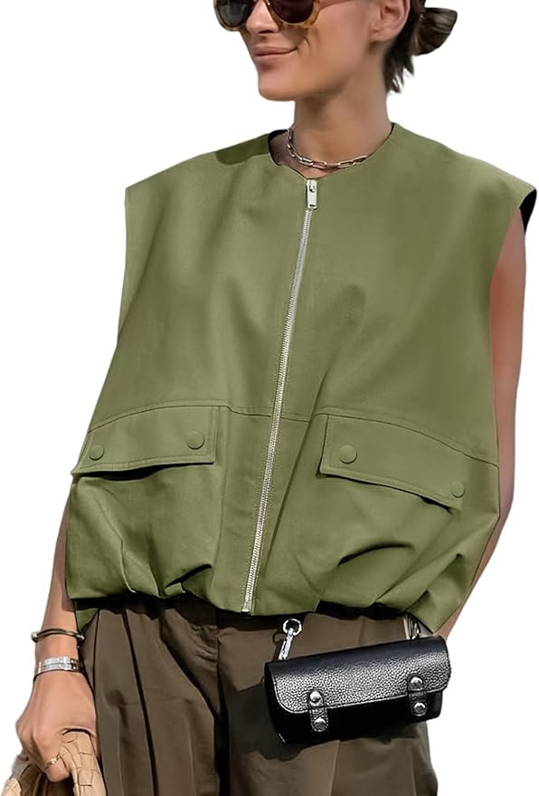 Yimoon Women’s Oversized Zip Up Cargo Vest Casual Ruched Hem Sleeveless Blazer Jackets Vest Top... | Amazon (US)