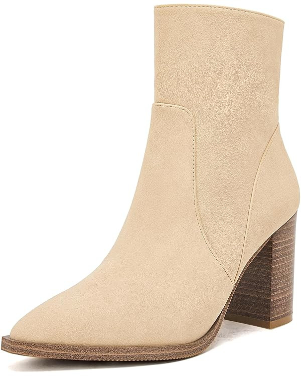 LAICIGO Women's Pointed Toe Ankle Boots Chunky Stacked Heel Side Zipper Faux Leather Ankle Bootie... | Amazon (US)