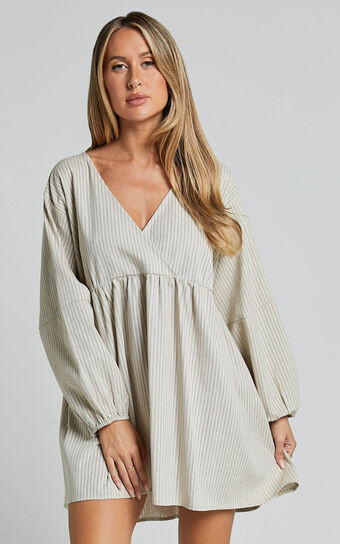 Laurenna Mini Dress - Linen Look V Neck Long Sleeve Back Keyhole Smock Dress in Natural Stripe | Showpo (US, UK & Europe)