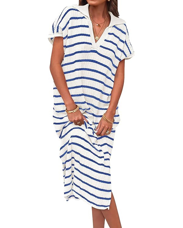 ZESICA Women's Summer Striped Maxi Dress 2024 Casual Short Sleeve V Neck Loose Knitted Side Slit ... | Amazon (US)