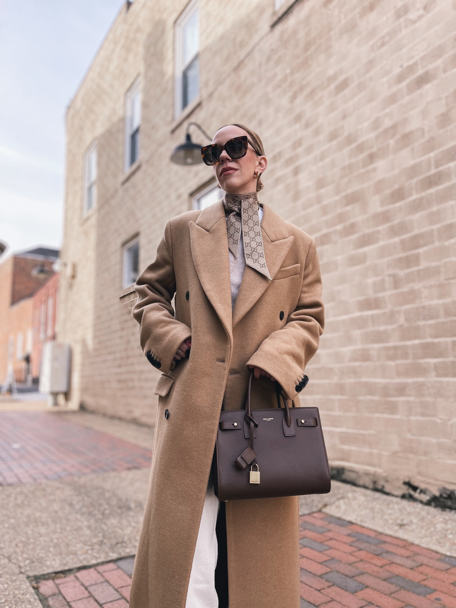 Camel coat, Gucci silk neck scarf, YSL sac de jour, neutral outfit 

#LTKitbag #LTKstyletip #LTKSeasonal