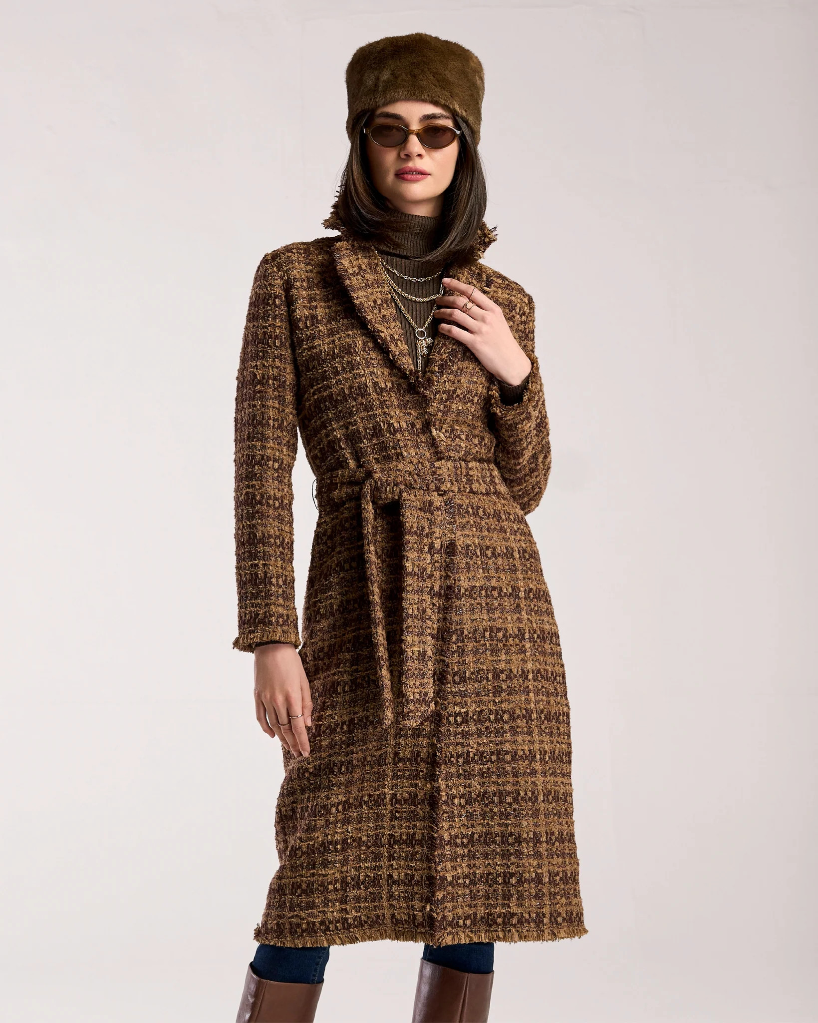 Tweed Duster with Fringe Trim - Brown Multi | Boston Proper