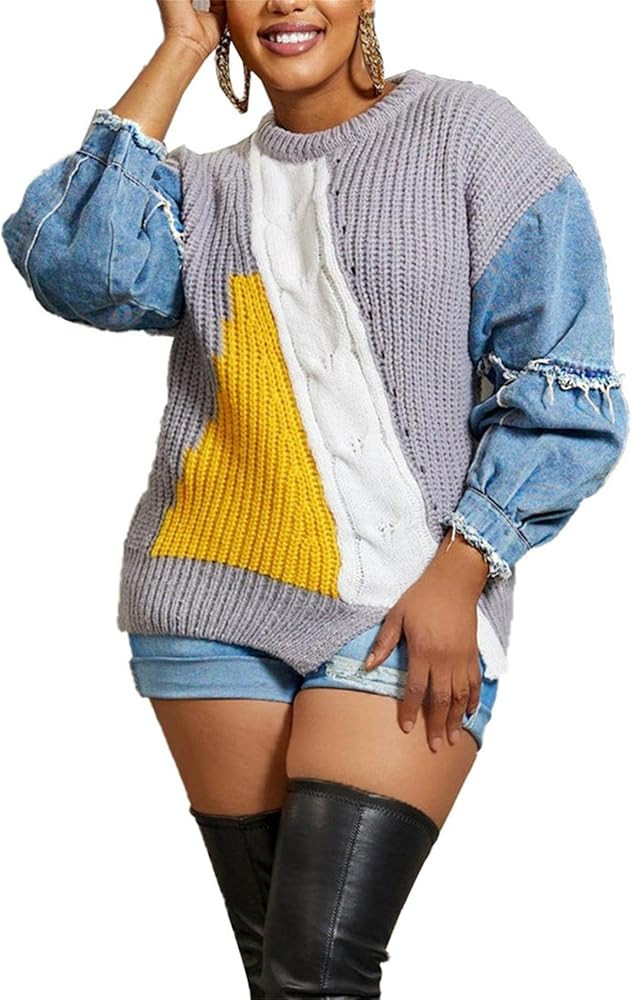 Women's Cable Knit Pullover Sweaters Crew Neck Colorblock Long Sleeve Loose Oversized Sweater Top... | Amazon (US)