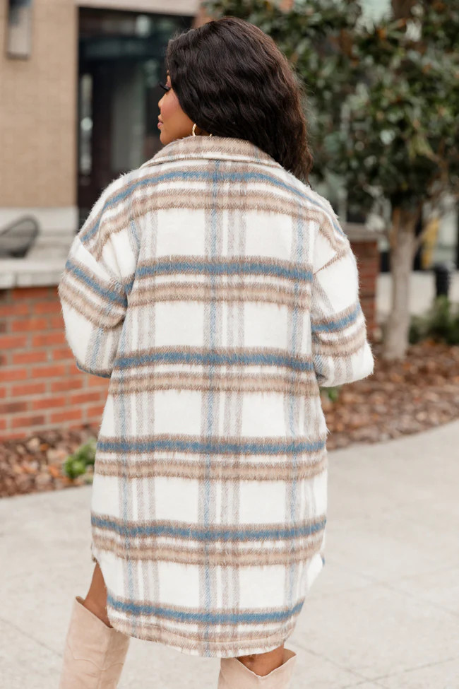 Heard About Us Blue and Tan Plaid Long Shacket | Pink Lily