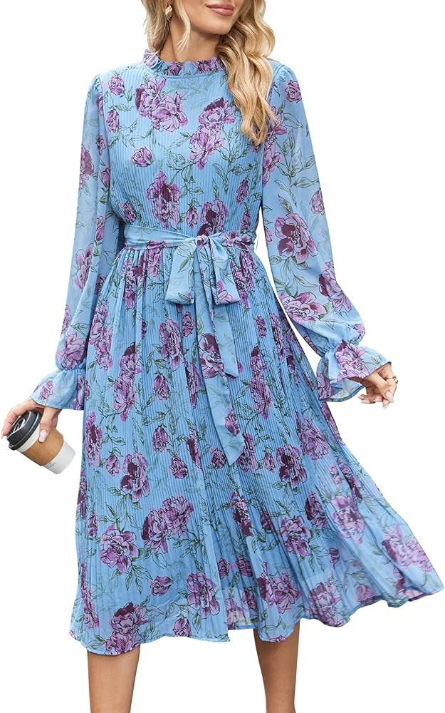 ANRABESS Women's Floral Chiffon Midi Dress Puff Long Sleeve Mock Neck Summer Wedding Guest Party ... | Amazon (US)