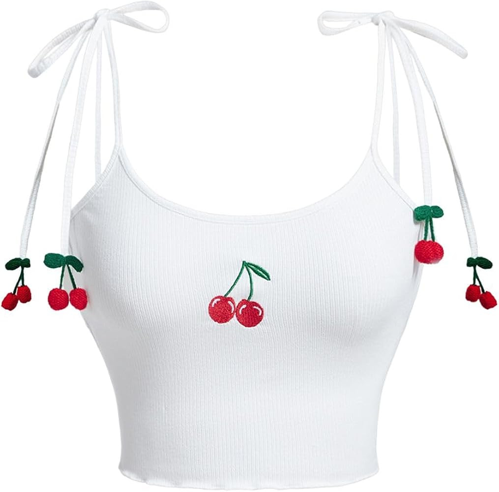 SHENHE Women's Cherry Embroidered Tops Bow Tie Spaghetti Strap Crop Tops Lettuce Trim Cute Summer... | Amazon (US)