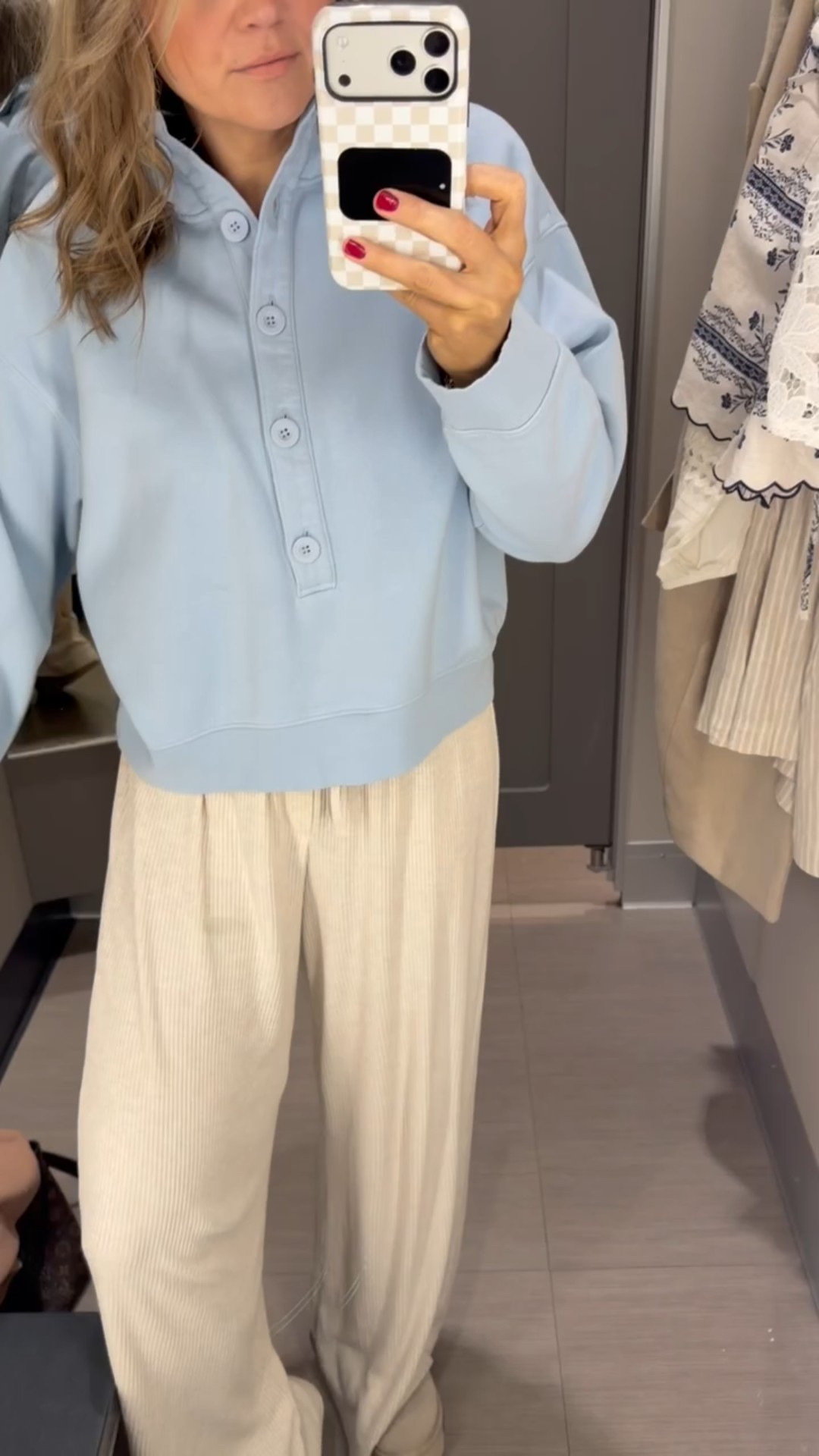 This blue quarter button up paired with waffle white pants from Target is such a clean and comfortable outfit for spring. It’s the perfect mix of cozy and put together, making it ideal for travel days, errands, or relaxed weekends.
blue quarter button top, waffle white pants, target outfit idea, casual spring outfit, clean girl outfit, comfy everyday style, travel day outfit, neutral spring outfit, effortless casual look, chic lounge outfit, SavannahK


#LTKSeasonal #LTKootd #LTKmomlife