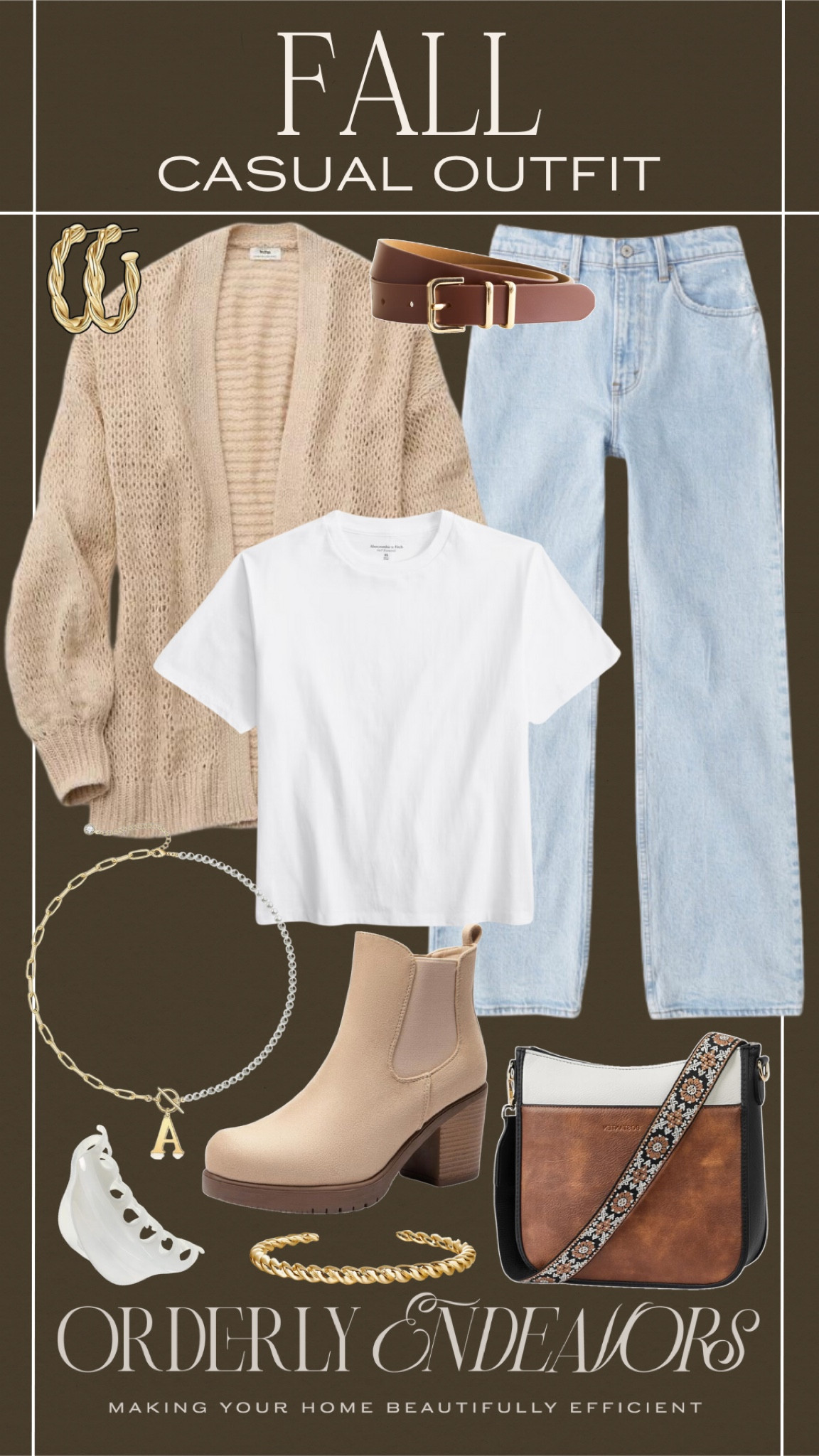 Fall casual outfit includes white tee, cardigan, jeans, booties, necklace, earrings, crossbody bag, hair clip, belt, bracelet.

Fall outfit, looks for less, outfit, casual outfit

#LTKFindsUnder50 #LTKShoeCrush #LTKStyleTip