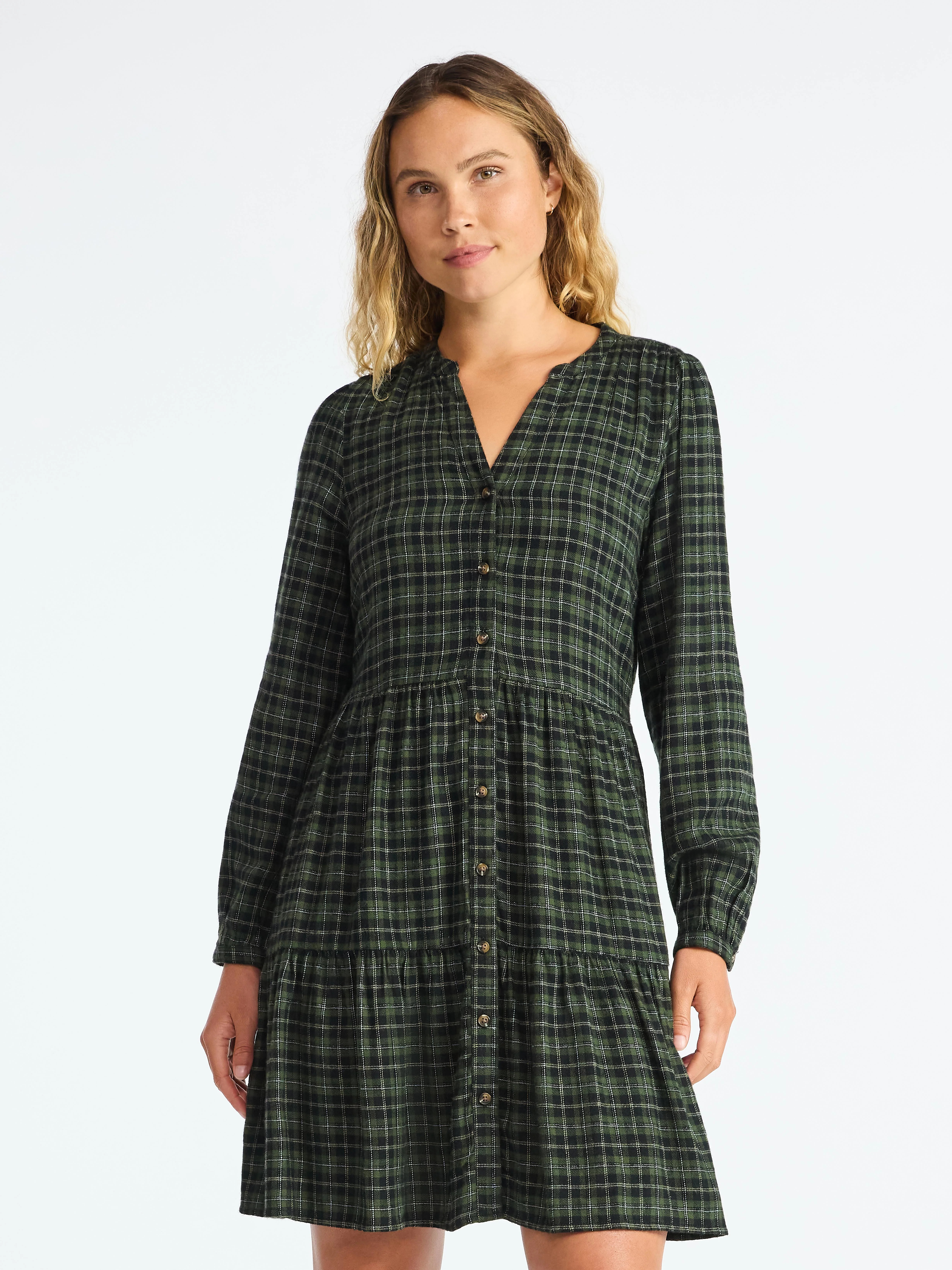 Time and Tru Women's Tiered Plaid Flannel Dress, Sizes XS – XXXL | Walmart (US)