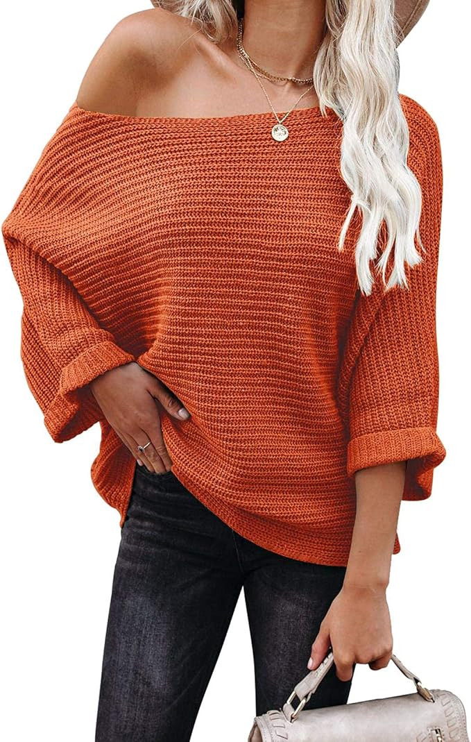 KIRUNDO Women's Off Shoulder Sweaters Batwing 3/4 Sleeves Casual Loose Fit Solid Pullovers Knit J... | Amazon (US)