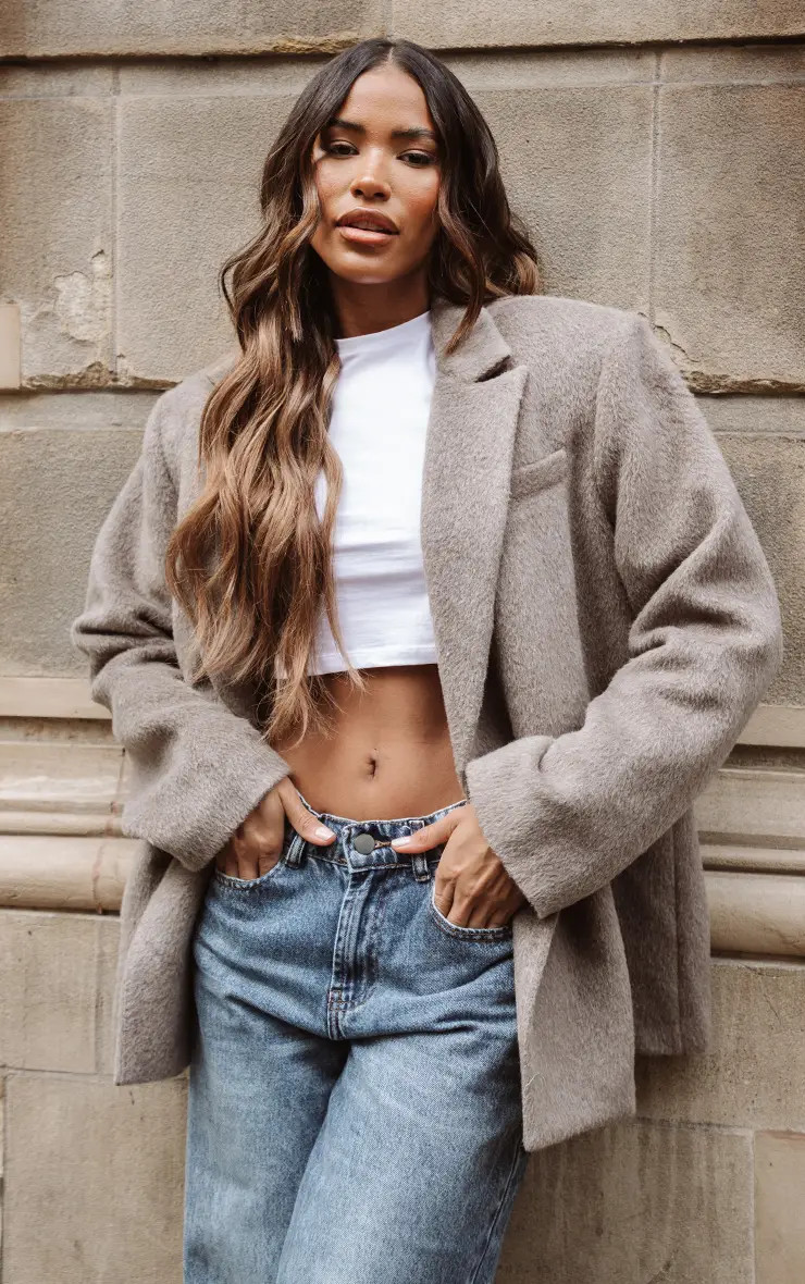 Jackets & Coats | Beige Oversized Textured Wool Look Blazer | PrettyLittleThing | PrettyLittleThing US