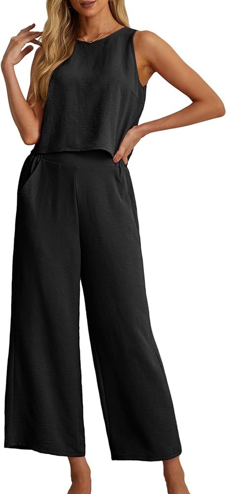 IWOLLENCE Women's Summer 2 Piece Outfits Set Round neck Sleeveless Tank Crop Top Wide Leg pants S... | Amazon (US)