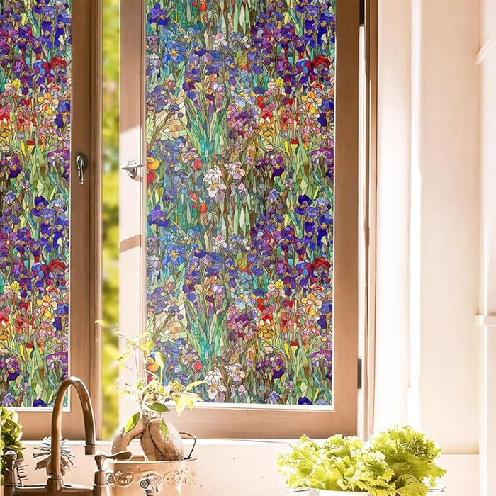 Purple Pink Green Wildflower Iris Floral Stained Glass Window Films Decorative Double-Side Privac... | Amazon (US)