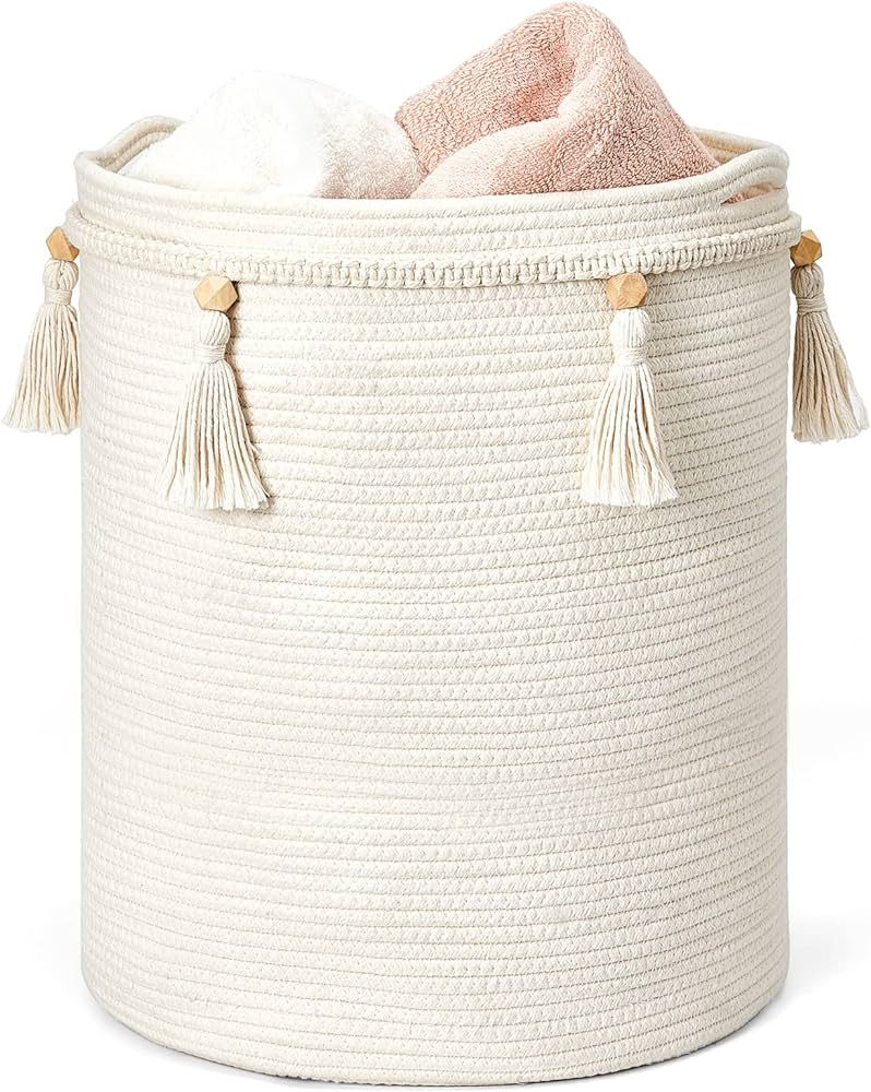 Mkono Macrame Decorative Cotton Rope Basket Boho Cute Woven Tassel Tall Basket Closet Storage Bin... | Amazon (US)