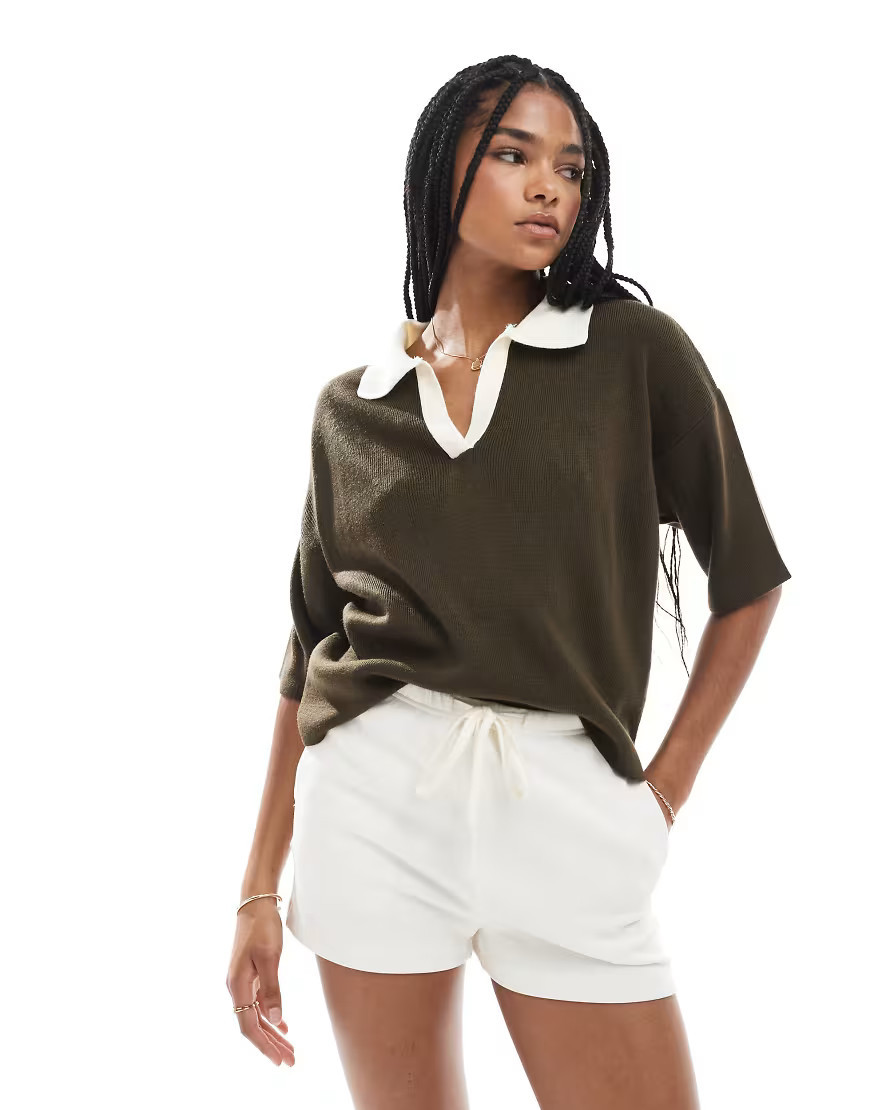 ASOS DESIGN compact knitted polo top in brown | ASOS (Global)