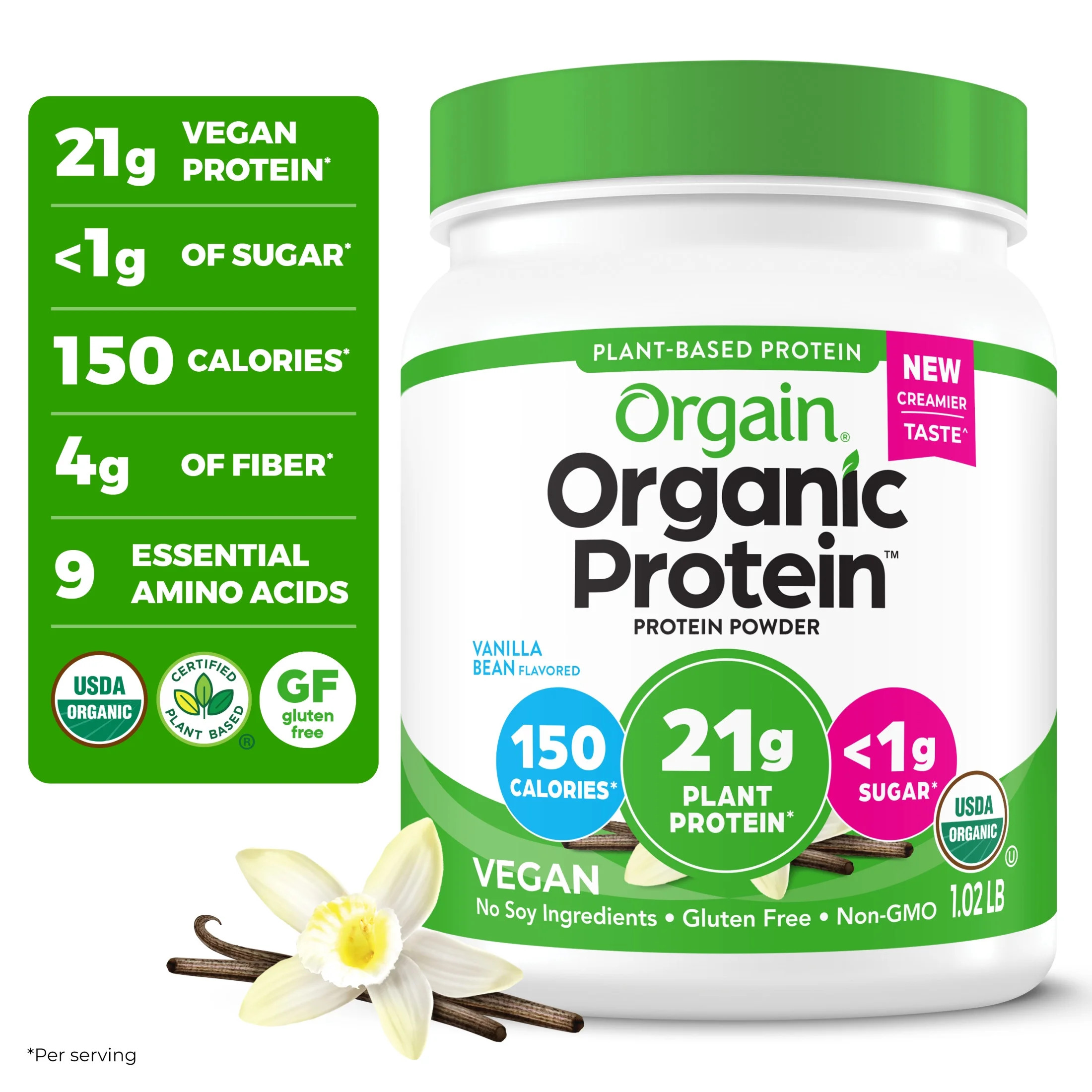 Orgain Organic Vegan 21g Protein Powder, Plant Based Shake Drink, Vanilla Bean 1.02lb | Walmart (US)