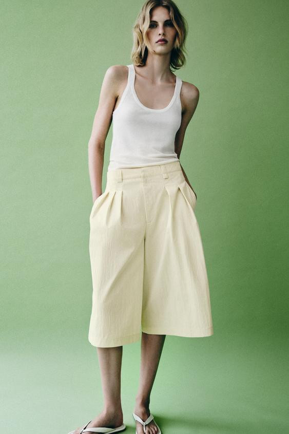 Zara - Zw Collection Pleated Bermuda Shorts - Sand - M - Woman | Zara US