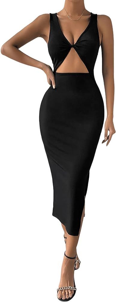 Verdusa Women's Cut Out Twist Front Split Thigh Deep V Neck Midi Bodycon Tank Dress | Amazon (US)