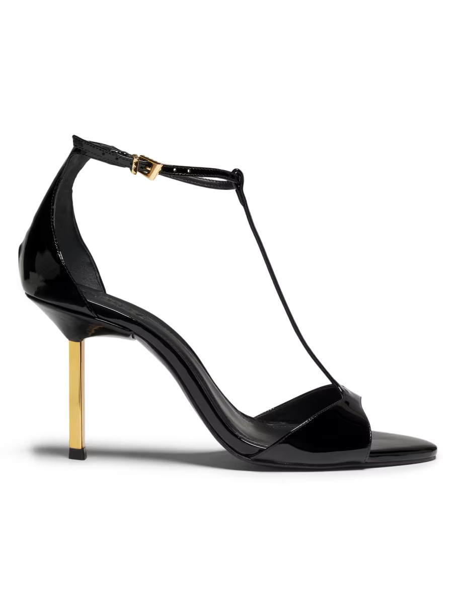 Schutz Allure T 90MM Patent Leather T-Strap Sandals | Saks Fifth Avenue | Saks Fifth Avenue