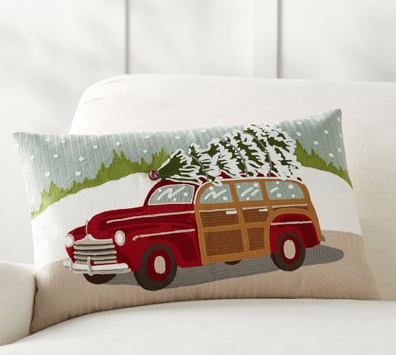 Woody Car Crewel Embroidered Lumbar Pillow Cover | Pottery Barn (US)
