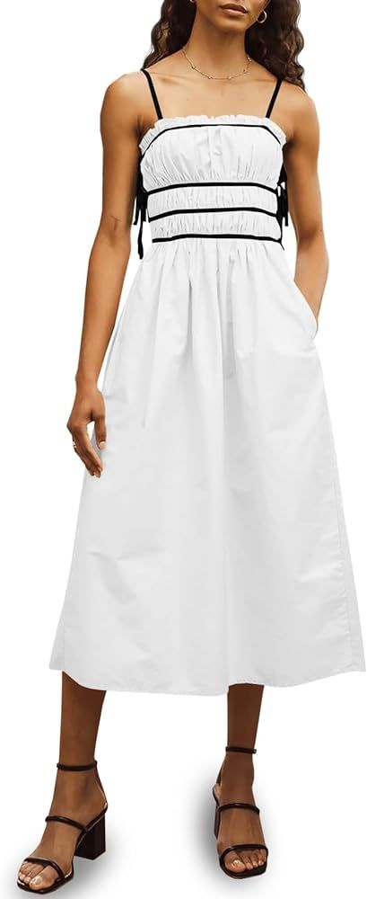Wenrine Women's Summer Casual Spaghetti Straps Side Tie Contrasting Straps Ruffle Midi Dress with... | Amazon (US)