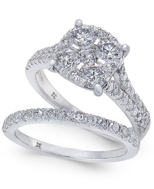 Diamond Cluster & Pavé Bridal Set (2 ct. t.w.) in 14k White Gold | Macys (US)