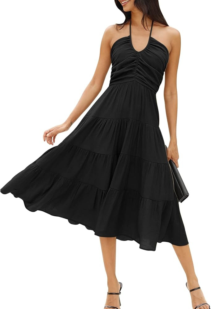 DEEP SELF Women's Summer Halter Smocked Midi Dress Sleevelesss V Neck Ruffle Tiered Swing Flowy A... | Amazon (US)