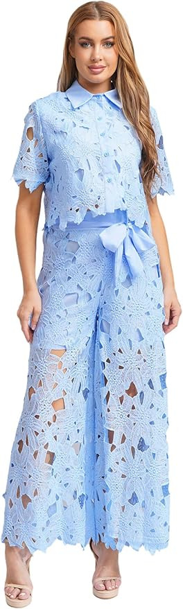 renvena Womens Chiffon Lace Outfit Floral Hollow Out Button Shirt Top Wide Leg Belted Pants 2 Pie... | Amazon (US)
