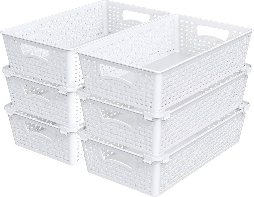Simple Houseware Plastic Stackable Storage Basket Pantry Organizer, 6 Pack, White | Amazon (US)