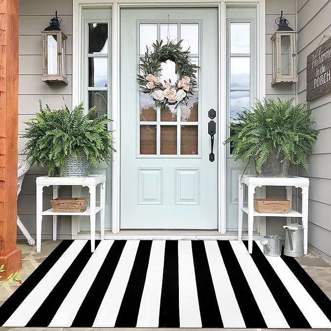 IOHOUZE Cotton Black and White Striped Rug 4x6 Outdoor Doormat Washable Woven Front Porch Decor O... | Amazon (US)